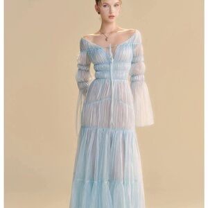 Sheer Tiered Maxi Dress - Light Blue